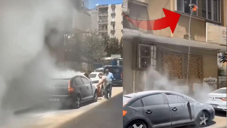 Yanan otomobilini bakın nasıl söndürmeye çalıştı! Mardin’de ilginç olay kamerada…
