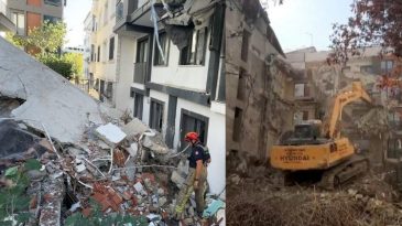 Yıkım Sırasında Devrilen Binayı İş Makinesi ile Tutmaya &Ccedil;alıştılar