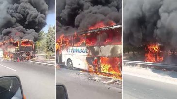 Otoyolda Yolcu Otob&uuml;s&uuml; Alev Alev Yandı