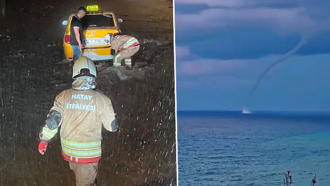 Hatay'ı Şiddetli Yağış Vurdu! Araçlar Çukurlara Düşerken Hortum Oluştu
