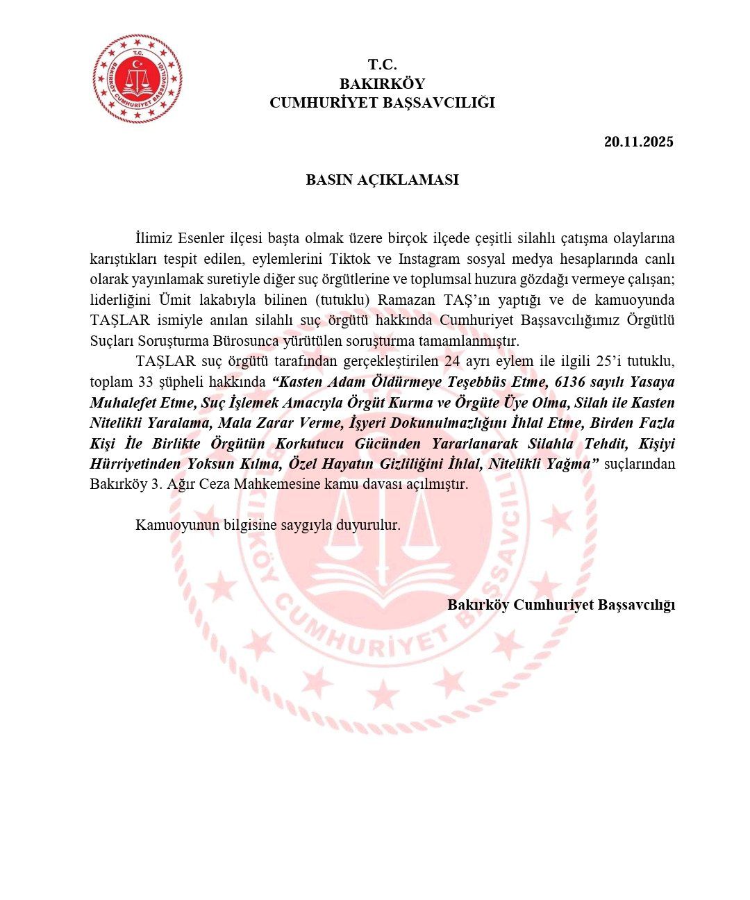 Başsavcılık Duyurusu