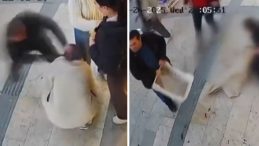 Genç kadın kaldırımda otururken kabusu yaşadı! Esnaf saldırgana meyve kasasıyla müdahale etti