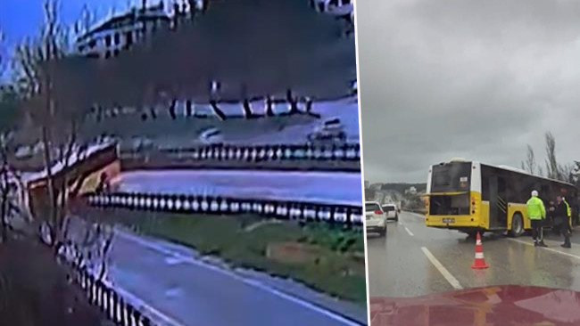 B&uuml;y&uuml;k&ccedil;ekmece'de faciadan d&ouml;n&uuml;ld&uuml;: İETT otob&uuml;s&uuml; bariyere b&ouml;yle &ccedil;arptı