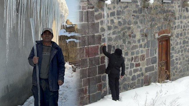 &Ccedil;atılarda 3 Metrelik Buz Sarkıtları Oluştu: 'Hava Şartları Baya Zorlaştı, Allah Yardımcımız Olsun'
