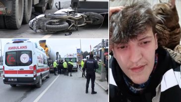 G&uuml;ng&ouml;ren'de motosiklet s&uuml;r&uuml;c&uuml;s&uuml;n&uuml;n feci &ouml;l&uuml;m&uuml;! Minib&uuml;se &ccedil;arptıktan sonra &uuml;zerinden beton mikseri ge&ccedil;ti