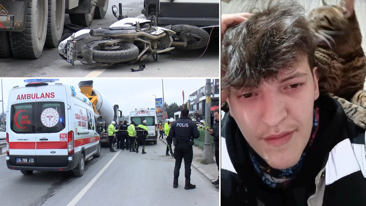 G&uuml;ng&ouml;ren'de motosiklet s&uuml;r&uuml;c&uuml;s&uuml;n&uuml;n feci &ouml;l&uuml;m&uuml;! Minib&uuml;se &ccedil;arptıktan sonra &uuml;zerinden beton mikseri ge&ccedil;ti