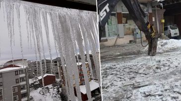 Kentte 20 Santimetre Kalınlığındaki Buz Tabakaları Oluştu: İş Makinesi Devreye Girdi