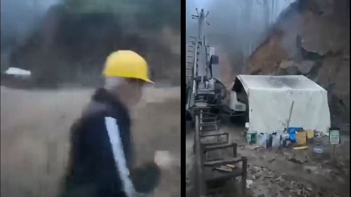 Giresun'da heyelan anları kamerada! Sondaj makinesi toprak altında kaldı, iş&ccedil;iler son anda kurtuldu