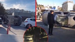 Kağıthane&rsquo;de Korkun&ccedil; Kaza! Hafif Ticari Ara&ccedil; Trafik Levhasına &Ccedil;arpıp Taklalar Attı