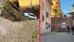 Kocaeli'de faciadan d&ouml;n&uuml;ld&uuml;: İstinat duvarı &ccedil;&ouml;kt&uuml;! Otomobil okul bah&ccedil;esine u&ccedil;tu