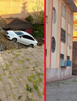 Kocaeli'de faciadan d&ouml;n&uuml;ld&uuml;: İstinat duvarı &ccedil;&ouml;kt&uuml;! Otomobil okul bah&ccedil;esine u&ccedil;tu