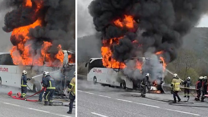 Yalova'da panik anları: Yolcu otob&uuml;s&uuml; seyir halindeyken alev aldı